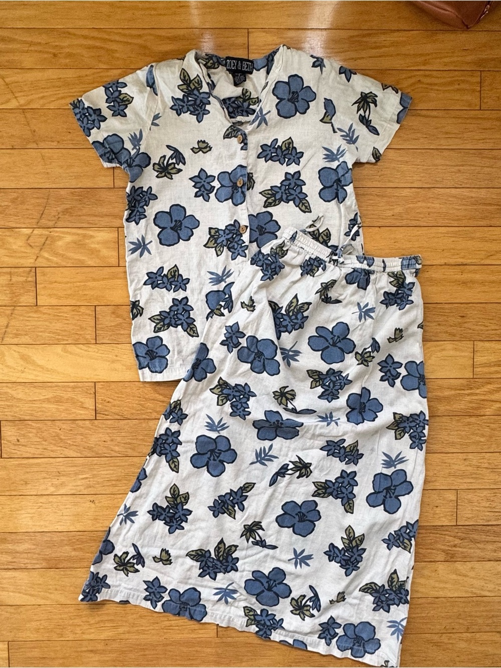 Vintage 90s Zoey & Beth Linen Floral Two Piece Skirt Set